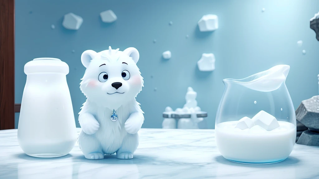 A glass cup contains fresh white milk, inside it is a 'very small' white (polar) bear swimming with half of its body out on the surface of the milk, around it there are towering ice rocks which are also 'very small', the whole is placed in a refrigerator at temperature 2°C, concept art