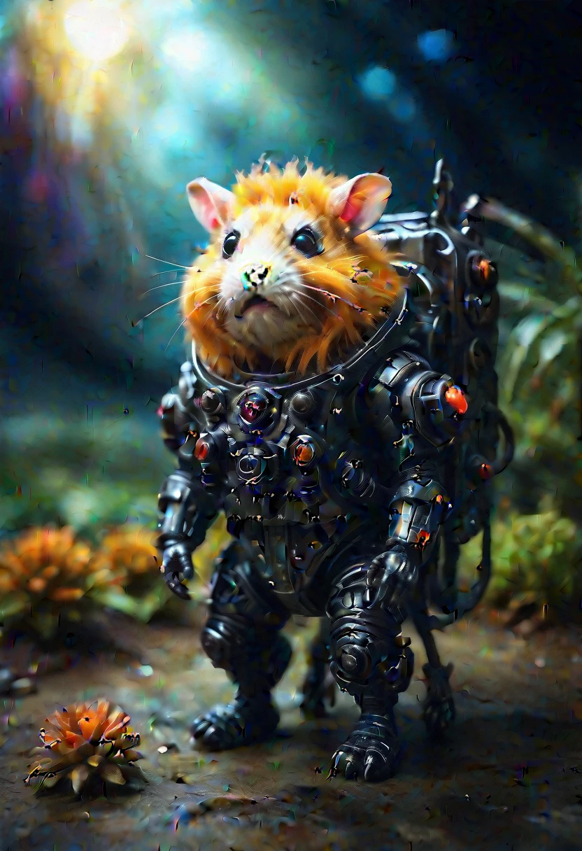 Chiaroscuro lighting, a photo with a tilt shift. fluffy chubby Dzungarian demon hamster monster with (bat wings) in a spacesuit, a (dark and hellish alien planet:1.2), inferno in the background, selective focus, miniature effect, highly detailed, perspective control, a picture with a natural tilt (whimsically artistic), macro photography, (charming:1.1), (huge flora: 1.1), mystical, vivid photography, preoccupied, bizarre, disturbing, soft-focus, over-detailed digital art