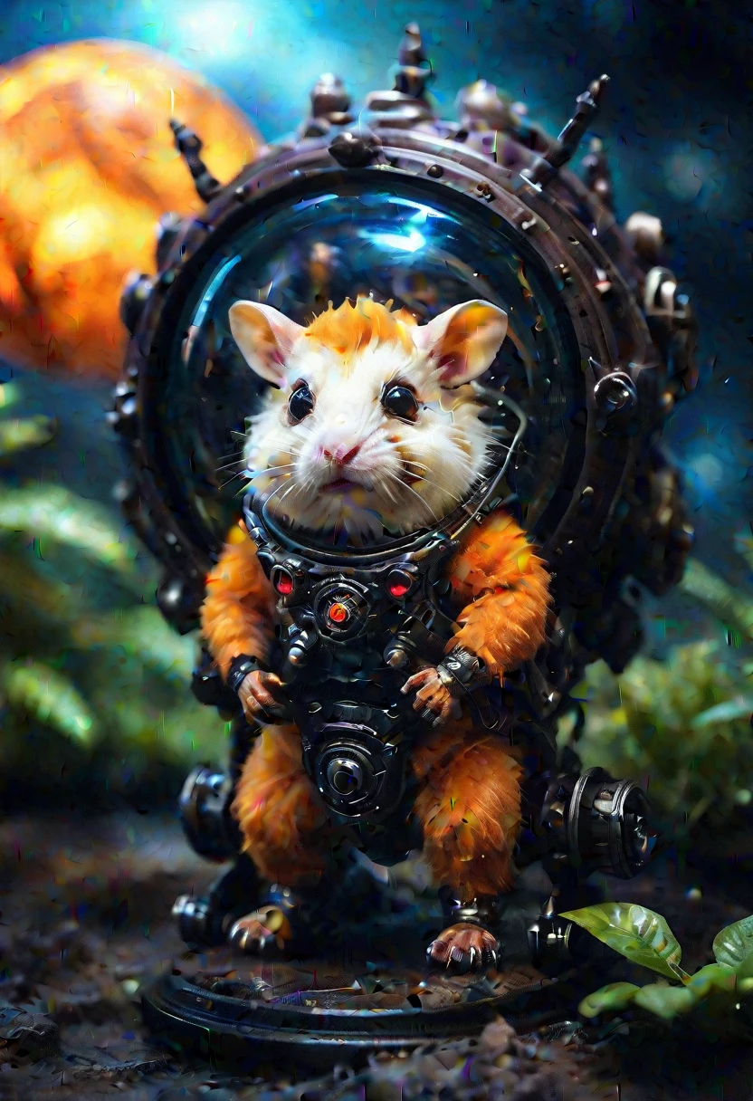 Chiaroscuro lighting, a photo with a tilt shift. fluffy chubby Dzungarian demon hamster monster with (bat wings) in a spacesuit, a (dark and hellish alien planet:1.2), inferno in the background, selective focus, miniature effect, highly detailed, perspective control, a picture with a natural tilt (whimsically artistic), macro photography, (charming:1.1), (huge flora: 1.1), mystical, vivid photography, preoccupied, bizarre, disturbing, soft-focus, over-detailed digital art