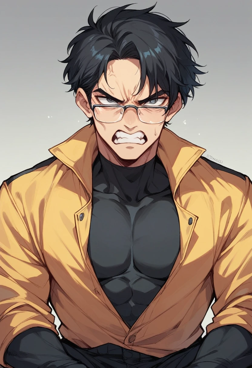 Jungkook from bts with suit and angry, black hair and glasses