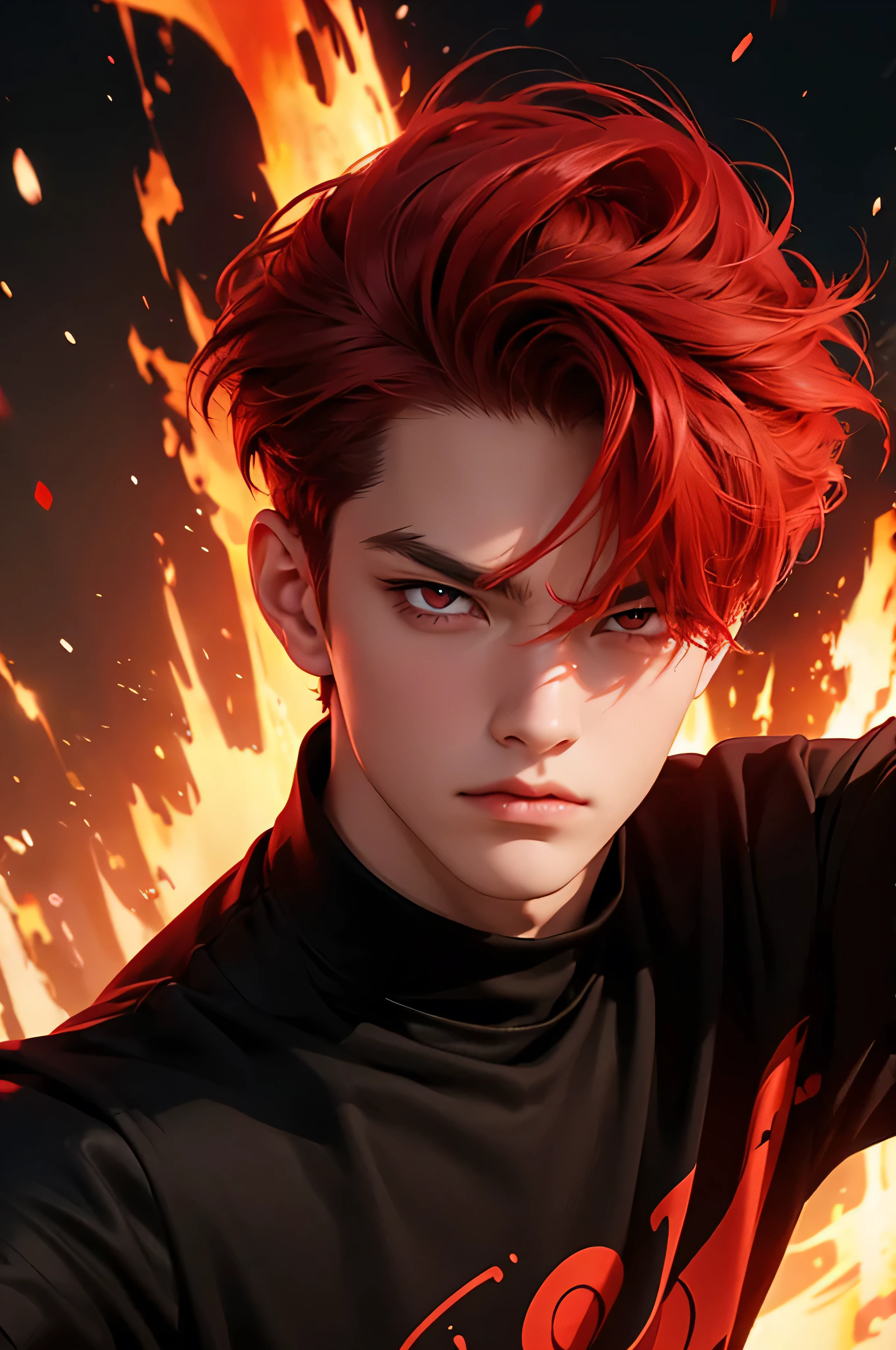 boy anime, s, selfie, head-set, music, red eyes, red hair, angry, fire background