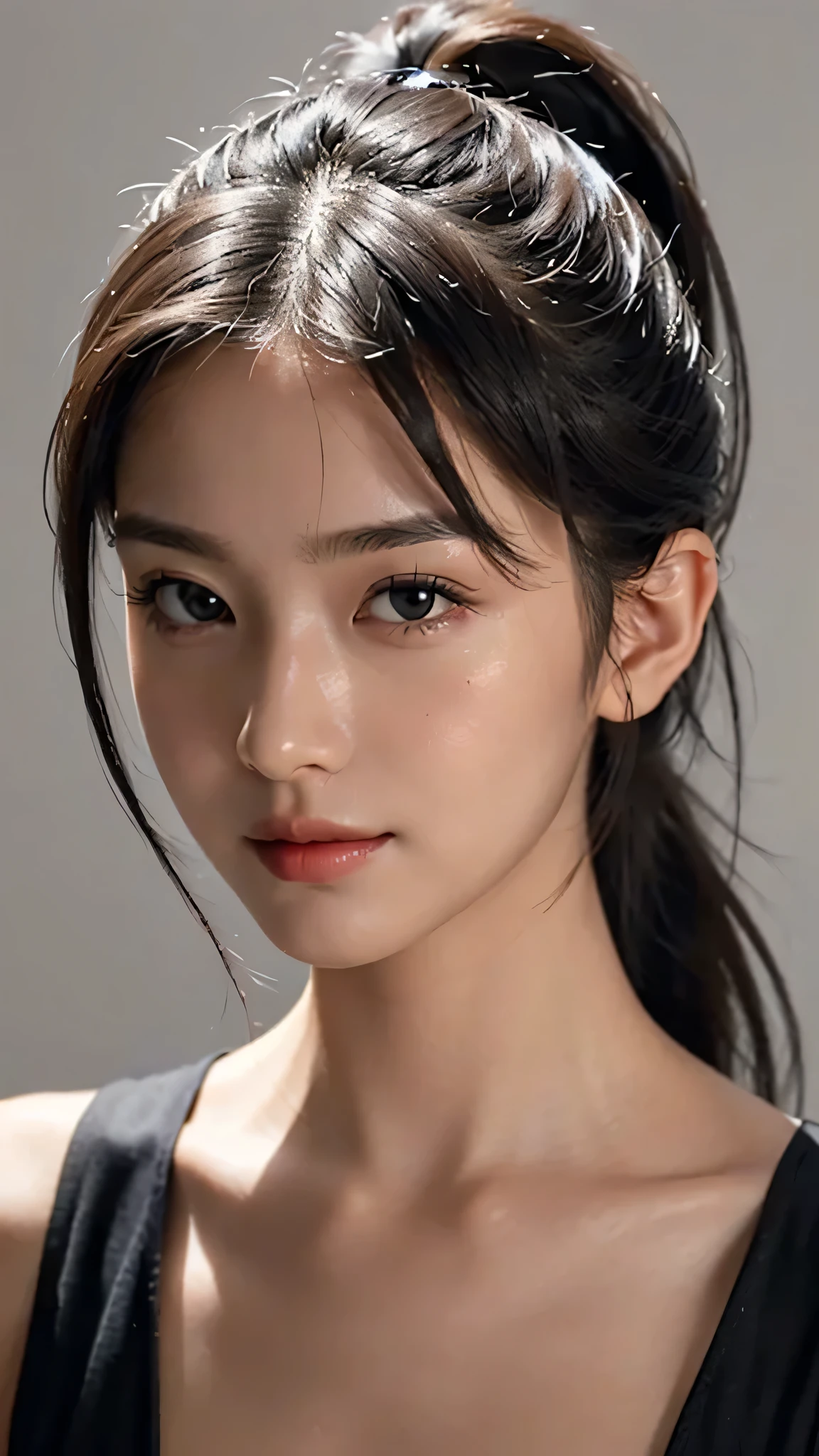 Lipstick in hand,Cosmetics commercial style,Commercial filming studio,close up face,fully body photo,masutepiece, The highest image quality, High quality, the background is clear,Beautiful woman, Japanese, Detailed, Ultra-detailed, finely detail, hight resolution, 8K Wallpaper, Perfect dynamic composition, Beautiful detailed eyes ,Detailed eyes, Detailed skin, Beautiful skin, 超hight resolution, (reality: 1.4),Very beautiful woman, Slightly younger face, Beautiful skin, slender, (Ultra photo realsisim), (hight resolution), (8K), (Very detailed) (beautifully detailed eyes), (super detailed), (Detailed face), view the viewer, Fine details, Detailed face, Staring straight ahead, Staring straight ahead, photos realistic, Bright lighting, Professional Lighting, Black hair,poneyTail,a baby face,sixteen years old,Hairstyle: ponytail,Long ponytail hairstyle,slight smile,