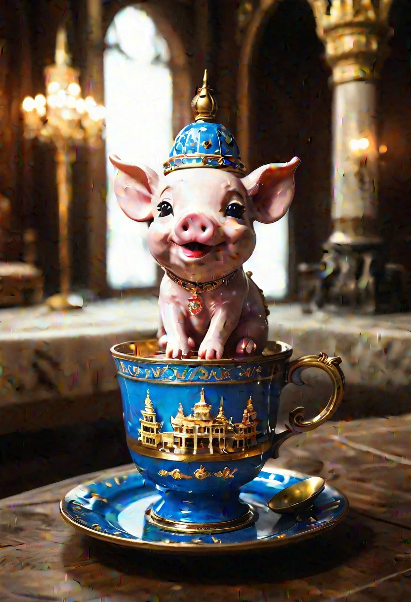 cute tiny realistic piglet sitting inside an ornate ceremonial teacup in the royal palace of Siberia, tea is spilling down the cup and pooling on to the plate, sub surface shading, dramatic lighting