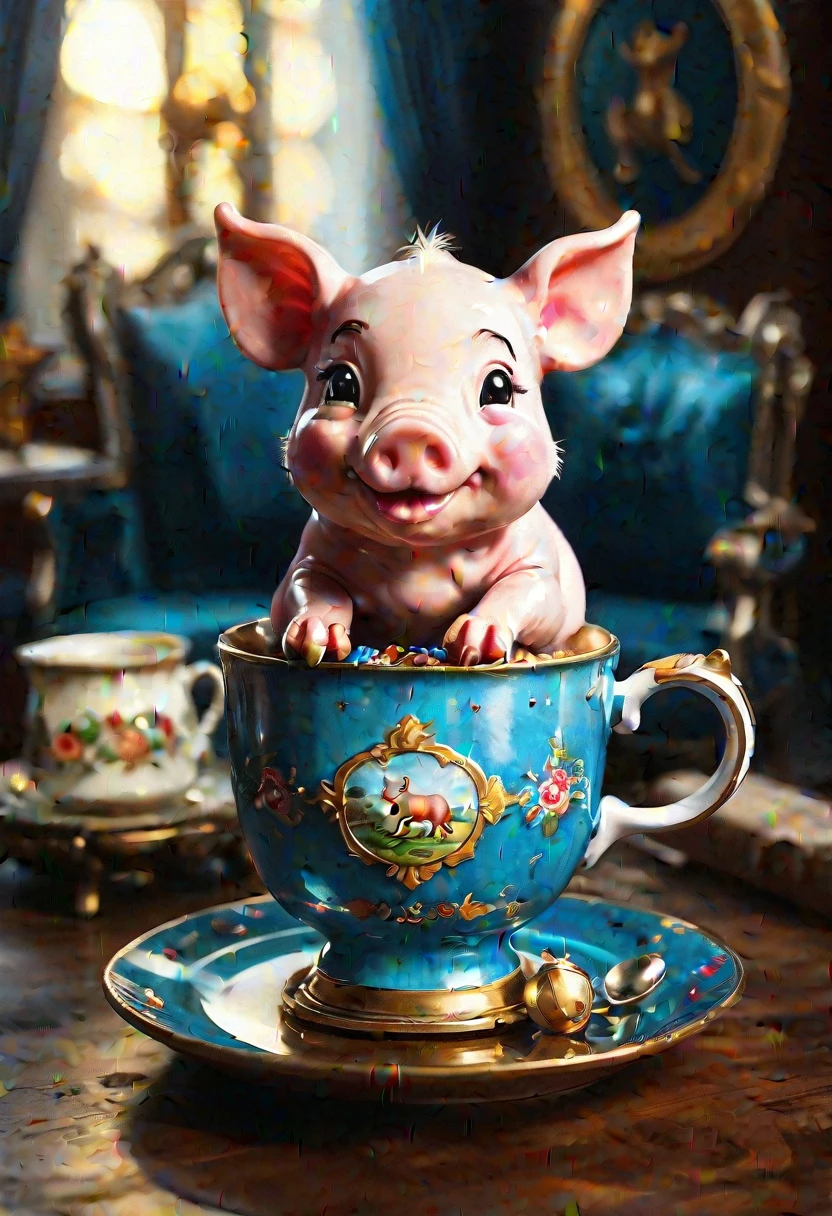 cute tiny realistic piglet sitting inside an ornate ceremonial teacup in the royal palace of Siberia, tea is spilling down the cup and pooling on to the plate, sub surface shading, dramatic lighting