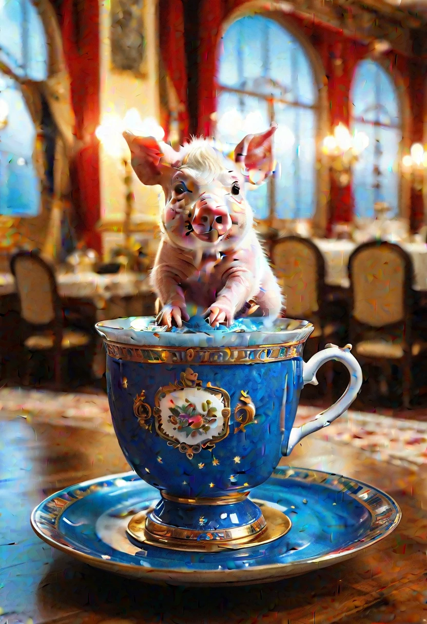 cute tiny realistic piglet sitting inside an ornate ceremonial teacup in the royal palace of Siberia, tea is spilling down the cup and pooling on to the plate, sub surface shading, dramatic lighting