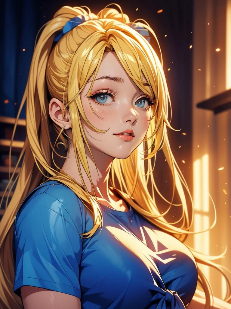 1girl, solo, portrait of a woman with blonde hair, long flowing pigtails, wearing a blue shirt, wearing a t-shirt, shirt tied in a shirt knot, exposed navel, anime illustration, anime girls, vivid colors, detailed facial features, dramatic lighting, digital painting, trending on ArtStation