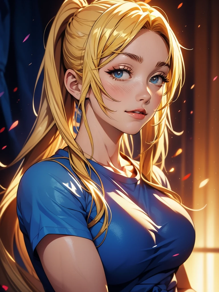 1girl, solo, portrait of a woman with blonde hair, long flowing pigtails, wearing a blue shirt, wearing a t-shirt, shirt tied in a shirt knot, exposed navel, anime illustration, anime girls, vivid colors, detailed facial features, dramatic lighting, digital painting, trending on ArtStation