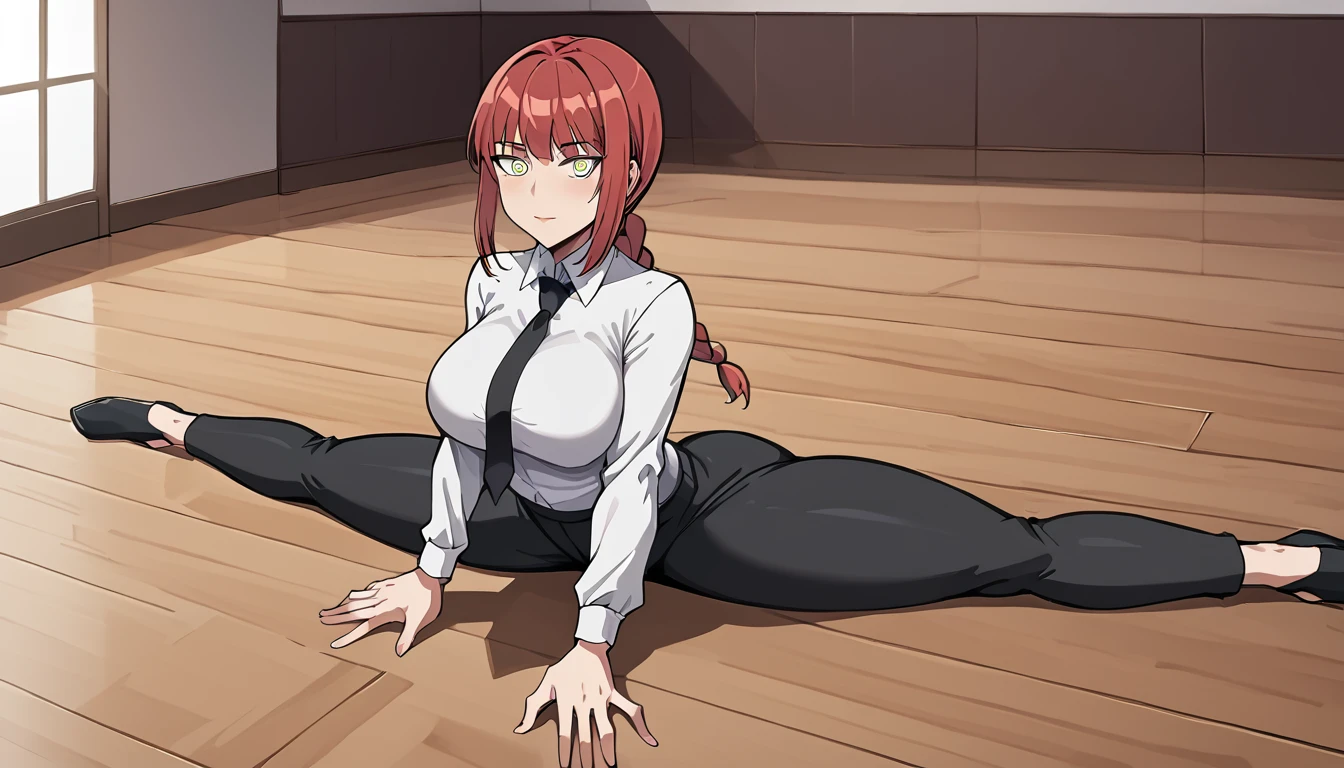 makima, braided ponytail, ringed eyes, collared shirt, black necktie, black pants, One girl, Sitting, On the floor, Split Horizon, stretch, horizontal splits, stretch regs, hands on floor