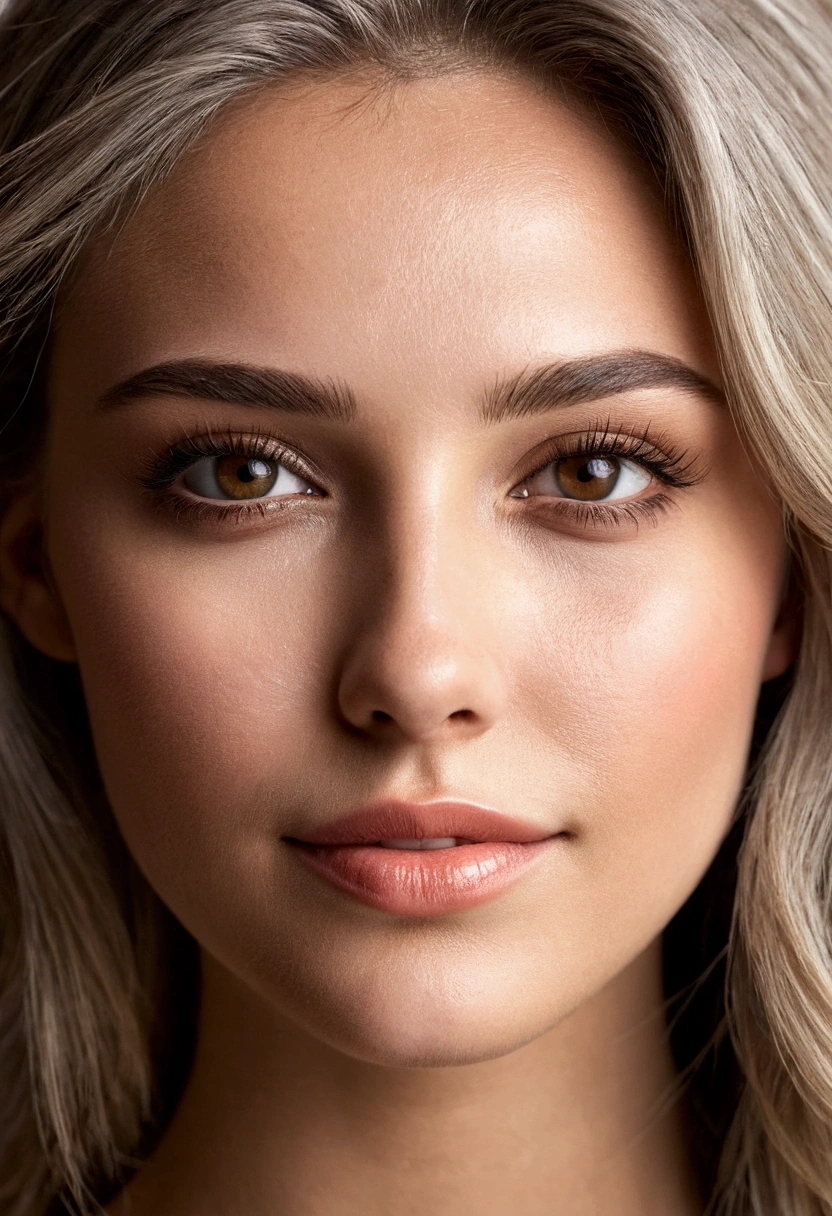 A model girl with American characteristics, May your face be sensual, attractif, linda, white, brown-hair, ojos y sonrisa linda, only shows his face, make it ultra realistic
