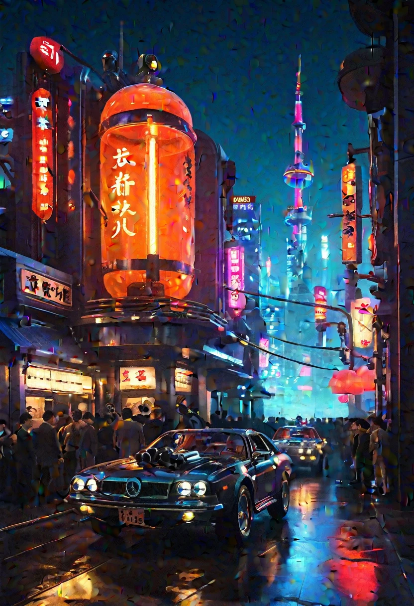 Retro Futuristic dieselpunk neo-tokyo, masterpiece, best quality, nighttime show, low key, realistic, high detailed, (outdoor) , no human, futuritic city, street