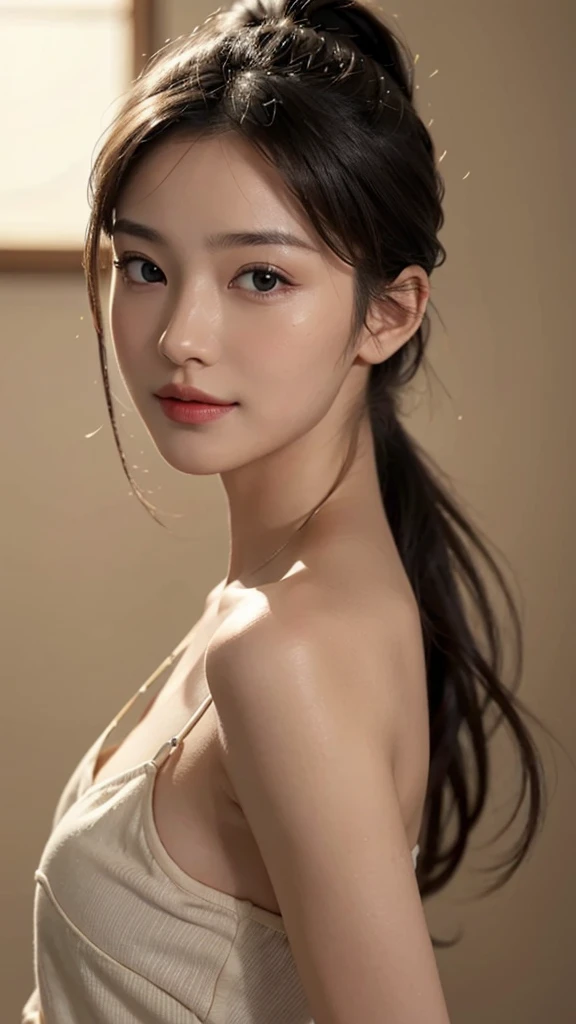 Lipstick in hand,Cosmetics commercial style,Commercial filming studio,close up face,fully body photo,masutepiece, The highest image quality, High quality, the background is clear，Beautiful woman, Japanese, Detailed, Ultra-detailed, finely detail, hight resolution, 8K Wallpaper, Perfect dynamic composition, Beautiful detailed eyes ,Detailed eyes, Detailed skin, Beautiful skin, 超hight resolution, (reality: 1.4),Very beautiful woman, Slightly younger face, Beautiful skin, slender, (Ultra photo realsisim), (hight resolution), (8K), (Very detailed) (beautifully detailed eyes), (super detailed),   (Detailed face), view the viewer, Fine details, Detailed face, Staring straight ahead, Staring straight ahead, photos realistic, Bright lighting, Professional Lighting, Black hair,poneyTail,a baby face,sixteen years old,Hairstyle: ponytail,Long ponytail hairstyle,slight smile,