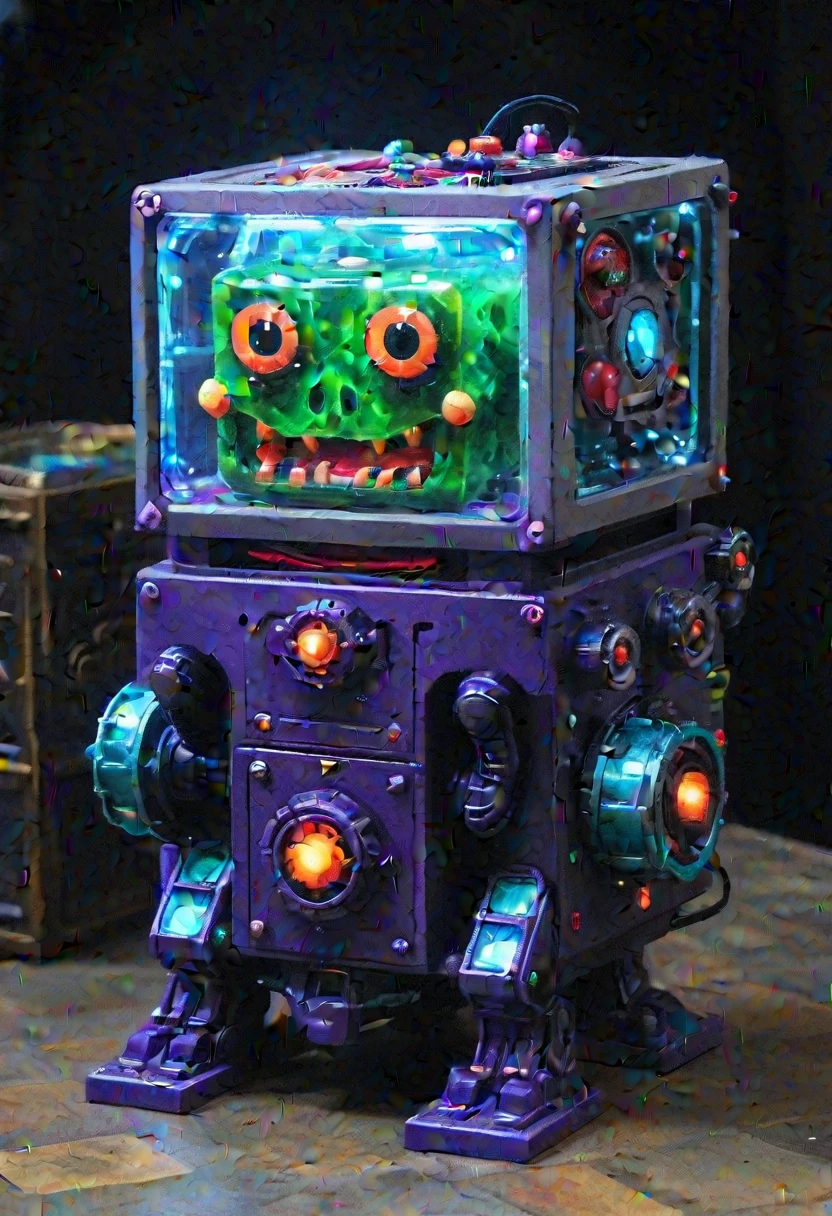 (pixel art, SNES style:1.4) BREAK voxel style cube-shaped monster, (cute cube-shaped transparent gelatinous ooze:1.2) with the surprised eyes is in the catacombs of the ancient temple, glitchpunk style monster, D&D horror