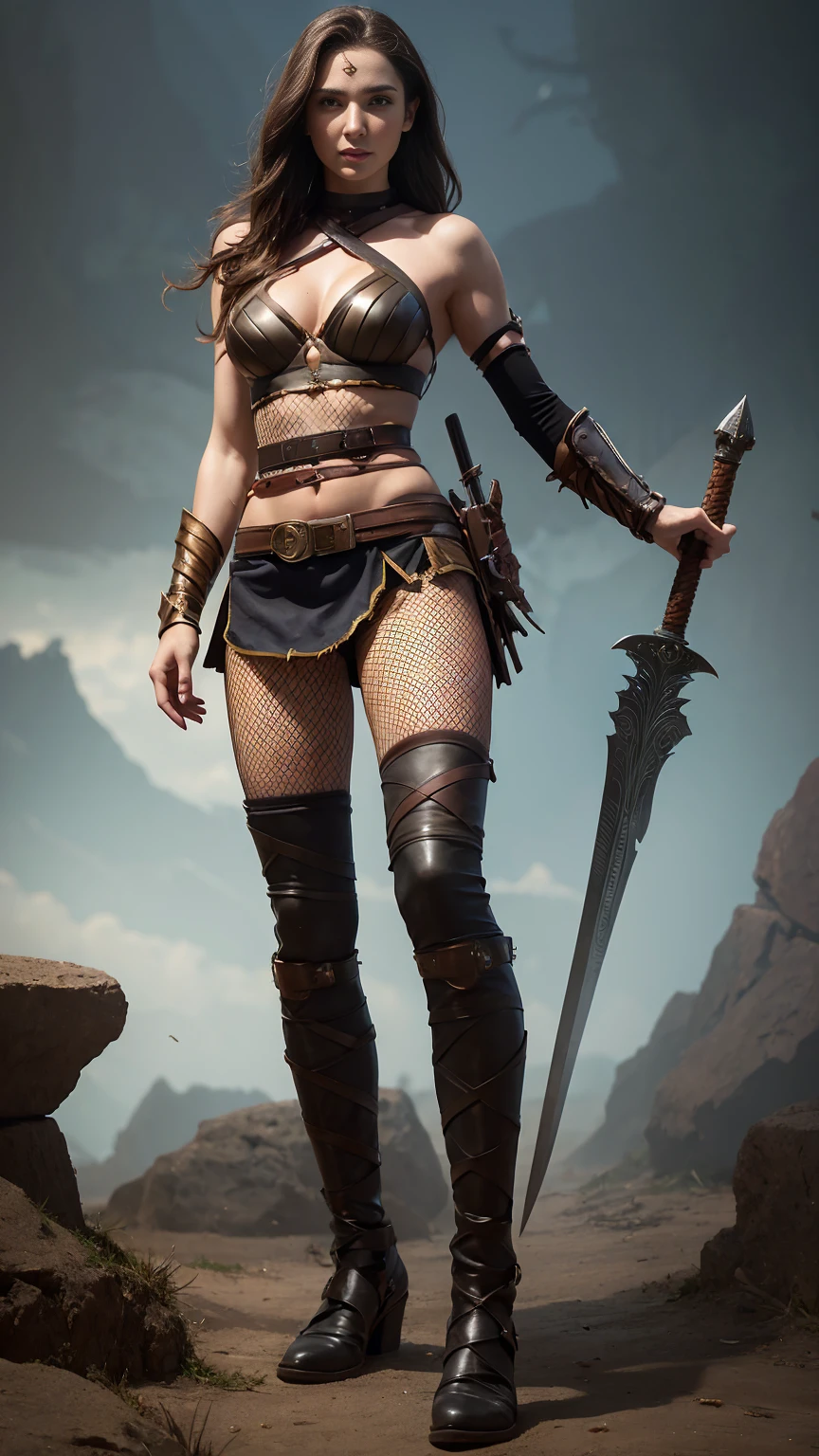 ((Full body photo, standing, feet on the ground)) a woman dressed as a warrior holding a sword,  fishnet pantyhose ultra-detailed, sexy painting of gal gadot, tyler edlin fantasy art, fantasy woman, gal gadot as hell lord, zenescope, a very beautiful berserker woman, magali villeneuve', as seen on artgerm, very beautiful female barbarian, artgerm julie bell beeple, 4k fantasy art