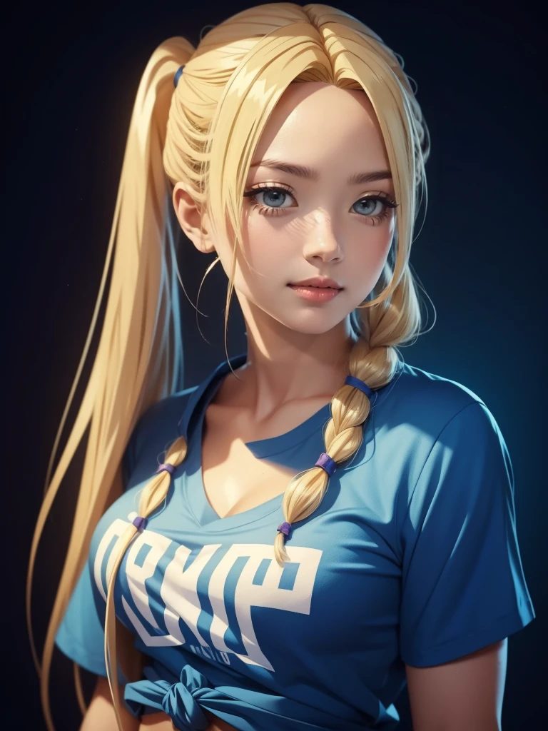 1girl, solo, portrait of a woman with blonde hair, long flowing pigtails, wearing a blue shirt, wearing a t-shirt, shirt tied in a shirt knot, exposed navel, anime illustration, anime girls, vivid colors, detailed facial features, dramatic lighting, digital painting, trending on ArtStation