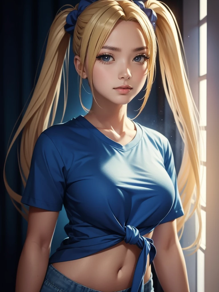 1girl, solo, portrait of a woman with blonde hair, long flowing pigtails, wearing a blue shirt, wearing a t-shirt, shirt tied in a shirt knot, exposed navel, anime illustration, anime girls, vivid colors, detailed facial features, dramatic lighting, digital painting, trending on ArtStation