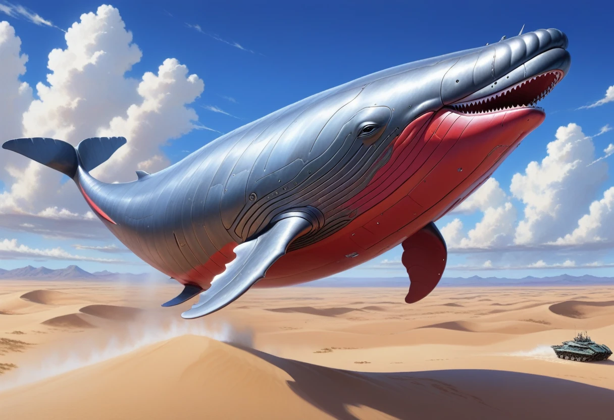 (masterpiece, best quality, vivid colors: 1.2) a huge flying whale soaring high in the skies, The whale is equipped with metal parts all over its body, color gris, disturbing appearance, anime screencap, side view, the background is a desert of sand dunes.