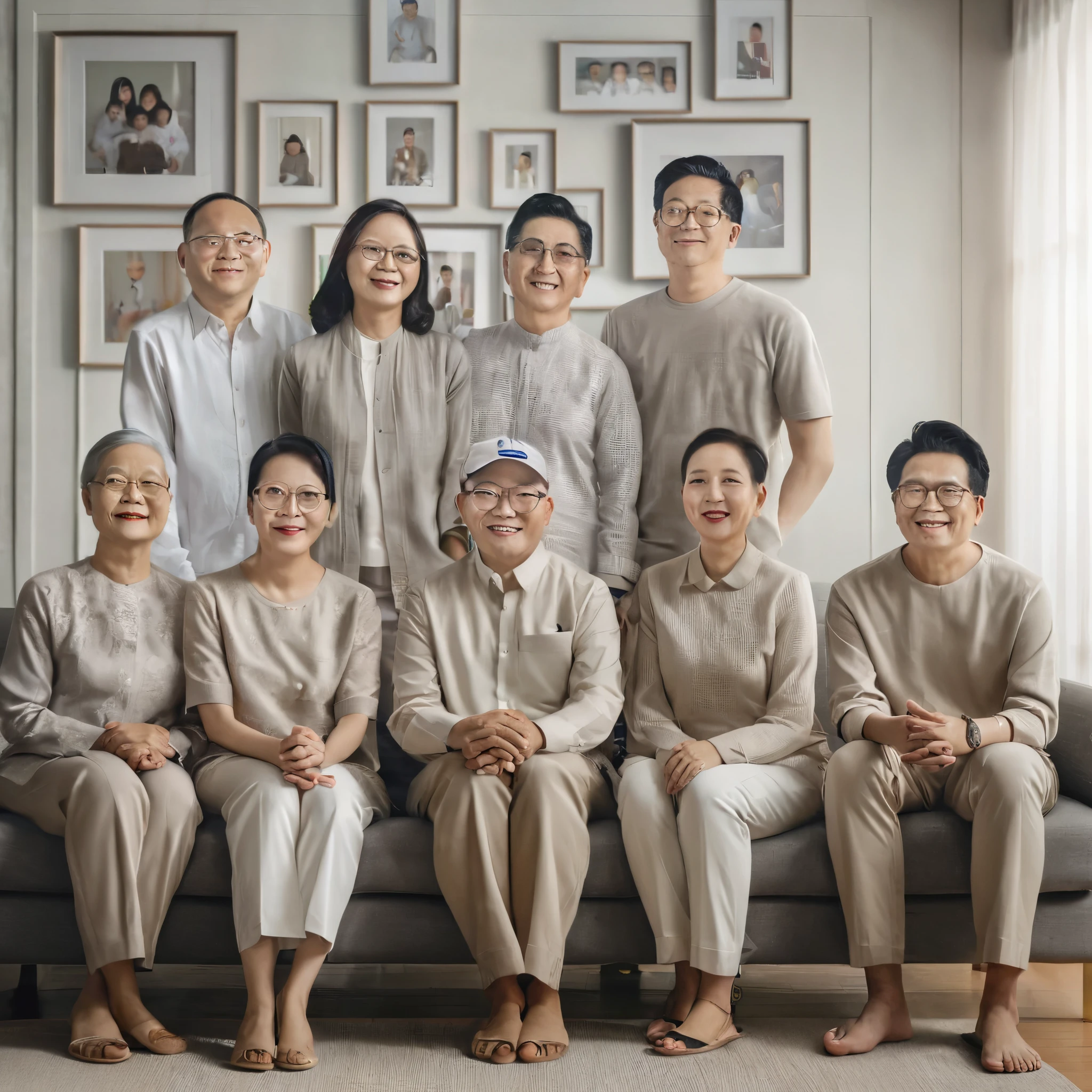 there are many people sitting on a couch together in front of pictures, barong family, barong family member, michelin man family portrait, an indonesian family portrait, a group of people, full body portrait of a group, nft portrait, full - body artwork, family portrait, by Jang Seung-eop, faceless people, no faces, multiple faces