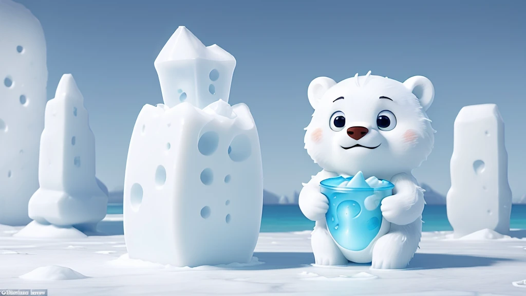 A glass cup contains fresh white milk, inside it is a 'very small' white (polar) bear swimming with half of its body out on the surface of the milk, around it there are towering ice rocks which are also 'very small', the whole is placed in a refrigerator at temperature 2°C, concept art