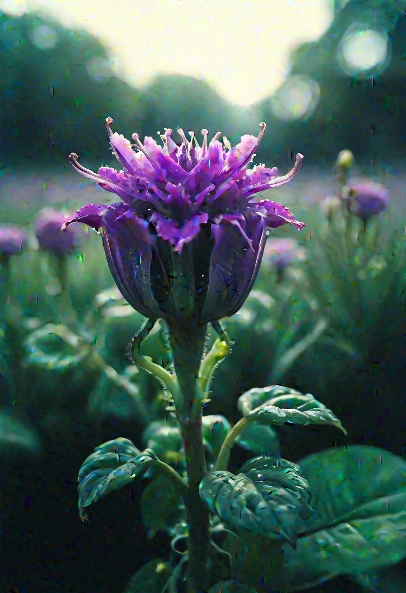 Very detailed macro Closeup of a purple Green sss blooming carnivorous flower, atmospheric haze, Film grain, cinematic film still, shallow depth of field, highly detailed, high budget, cinemascope, moody, epic, OverallDetail, 2000s vintage RAW photo, photorealistic, candid camera, color graded cinematic, atmospheric lighting, imperfections, natural, shallow dof