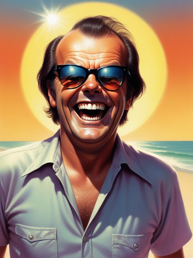 cover of an old novel called "glimmering" portraying a horror Jack Nicholson, laughing maniacally with perfect teeth,  with sunglasses under the hot bright sun
 