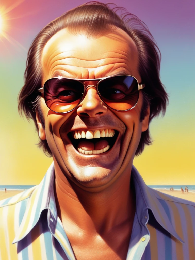 cover of an old novel called "glimmering" portraying a horror Jack Nicholson, laughing maniacally with perfect teeth,  with sunglasses under the hot bright sun
 