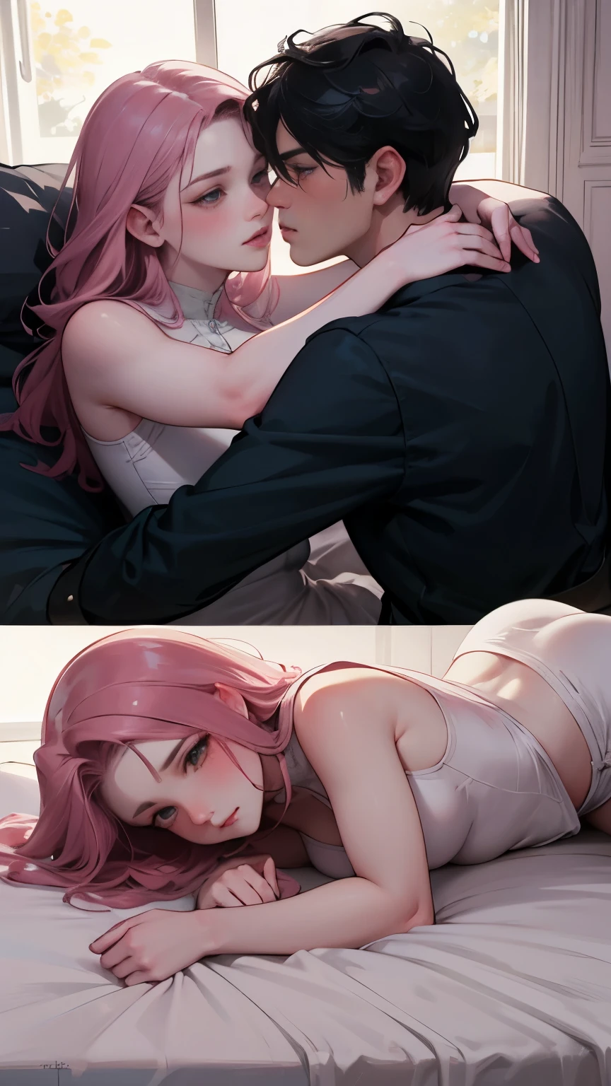 they are two people in a bedroom one is kissing the other is laying on the bed, romance novel cover, passionate pose, roberto ferri and ruan jia, sexy dominant pose, male art, ultra realistic picture, inspired by Tim and Greg Hildebrandt, inspired by Brothers Hildebrandt, inspired by the Brothers Hildebrandt, commission for high res, dominant pose, pink hair girl,(boy with black hair),erotic expression,small waist,muscular,best quality,high resolution