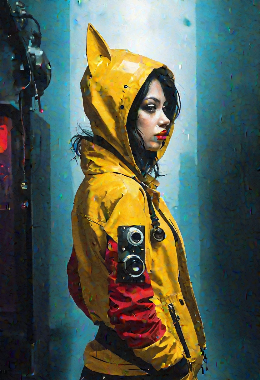 pop art By Conrad Roset and Alberto Vargas, vibrant yellow cyberpunk jacket, solo, batman, mechanical parts, portrait, dark-red liquids, tanktop, looking back, white eyes, monochrome, half face is made of technical parts and wires, large eerie linen hood, atmospheric haze, Film grain, cinematic film still, shallow depth of field, highly detailed, high budget, cinemascope, moody, epic, OverallDetail, 2000s vintage RAW photo, photorealistic, candid camera, color graded cinematic, eye catchlights, atmospheric lighting, imperfections, natural, shallow dof