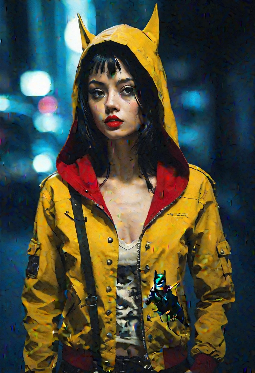 pop art By Conrad Roset and Alberto Vargas, vibrant yellow cyberpunk jacket, solo, batman, mechanical parts, portrait, dark-red liquids, tanktop, looking back, white eyes, monochrome, half face is made of technical parts and wires, large eerie linen hood, atmospheric haze, Film grain, cinematic film still, shallow depth of field, highly detailed, high budget, cinemascope, moody, epic, OverallDetail, 2000s vintage RAW photo, photorealistic, candid camera, color graded cinematic, eye catchlights, atmospheric lighting, imperfections, natural, shallow dof