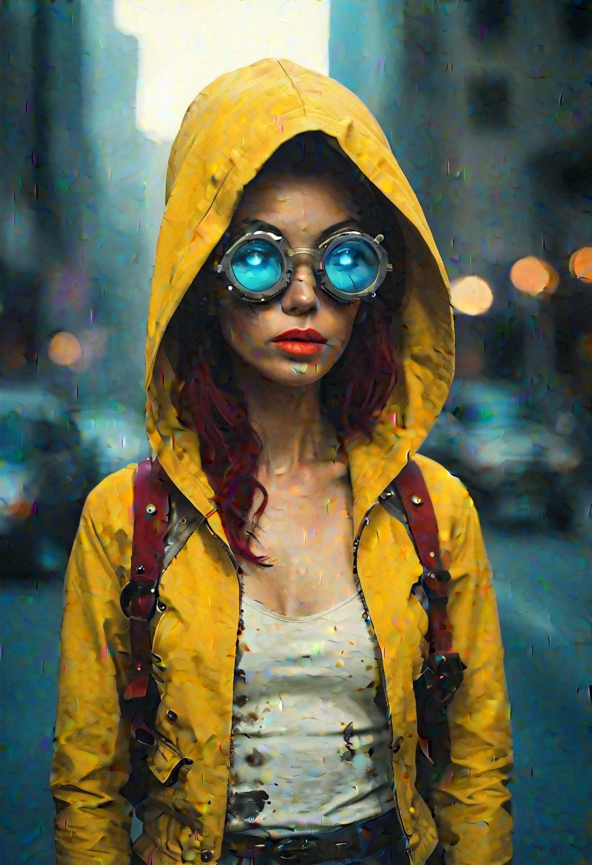 pop art By Conrad Roset and Alberto Vargas, vibrant yellow cyberpunk jacket, solo, batman, mechanical parts, portrait, dark-red liquids, tanktop, looking back, white eyes, monochrome, half face is made of technical parts and wires, large eerie linen hood, atmospheric haze, Film grain, cinematic film still, shallow depth of field, highly detailed, high budget, cinemascope, moody, epic, OverallDetail, 2000s vintage RAW photo, photorealistic, candid camera, color graded cinematic, eye catchlights, atmospheric lighting, imperfections, natural, shallow dof