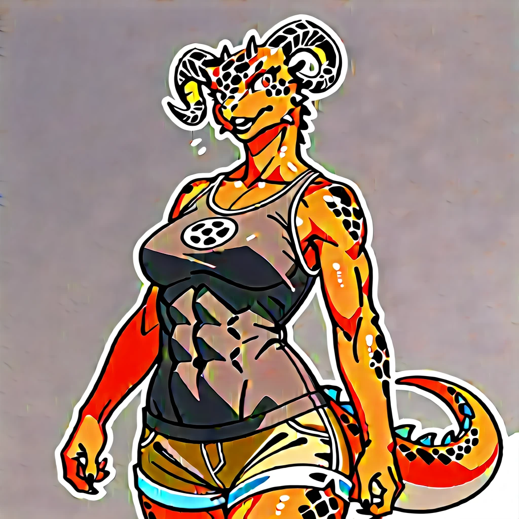 Solo, score_9,score_8_up,score_7_up, aegis, kemono style, Anthro reptile girl, snout, all red skin, red eyes, white sclera, black lips, black horns, black ram horns, red tail, black lips, small sized chest, tall, brown shirt, brown shorts, hunched over, confused expression, (shocked expression):2, mouth open, looking to her right