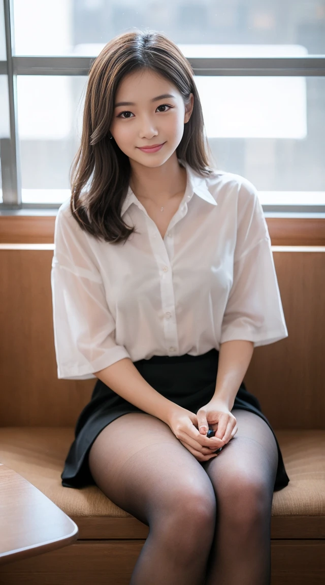 (Happy expression:1.26)、RAW Photos、(((The ultimate beauty full-body photography)))、((Glowing Skin))、1 girl、Beautiful 28 year old girl from Prague、Bright expression、((Brown Hair))、Girl in a shirt、skirt、(pantyhose)、(Upskirt)、Contrapuntal Shot、((Very detailedな))、(Perfectly detailed face)、(Beautiful Hands)、Photorealistic images、最high quality、Very detailedな、Film Light、Intricate details、High resolution、Very detailed))、Detailed Background、8 time、Digital single-lens reflex camera、Soft Light、high quality、Film Grain、Fujifilm XT3 、Shallow depth of field、natural Soft Light、Kamimei、The background is the office　lunch　オフィスでlunch　lunch　大勢でlunch