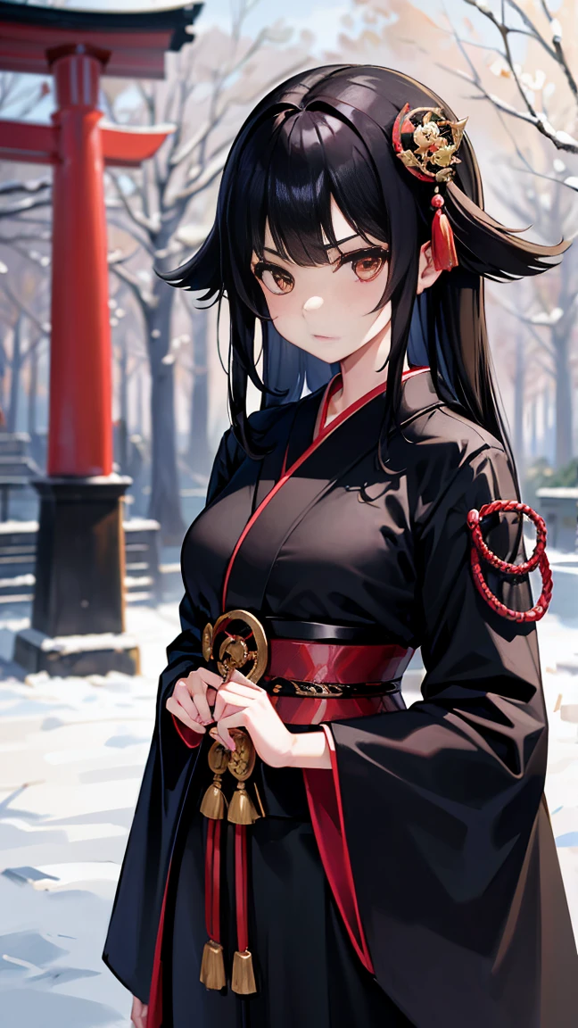 18-year-old girl、Black hair that grows to the waist、Japanese Armor、Black kimono、Serious expression、Naginata、Daytime forest、Large Torii Gate