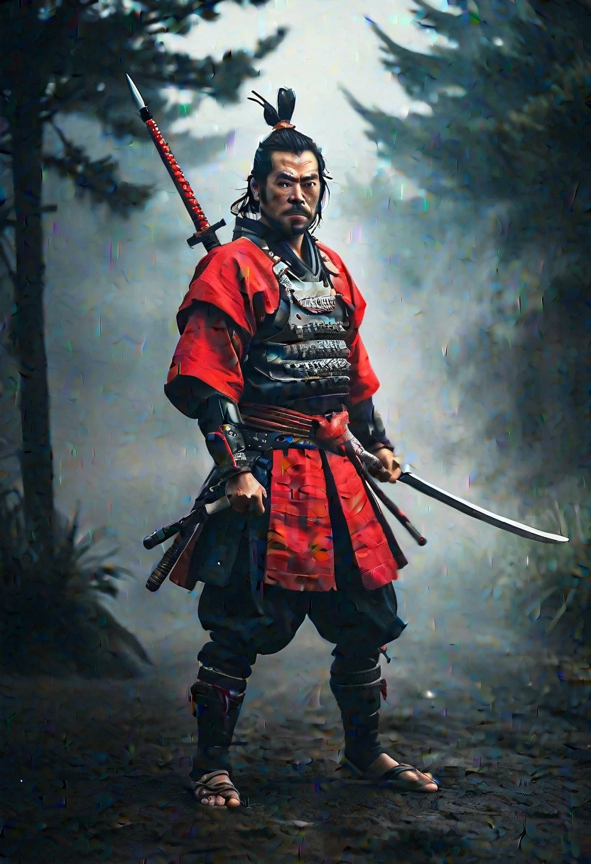 Feudal samurai holding a katana, holy armor, in fighting stance coming Out of the Fog wearing Red detailed samurai Armor, atmospheric haze, Film grain, cinematic film still, shallow depth of field, highly detailed, high budget, cinemascope, moody, epic, gorgeous, 2000s vintage RAW photo, photorealistic, candid camera, color graded cinematic, eye catchlights, atmospheric lighting, skin pores, imperfections, natural, shallow dof, deep blacks, high monochrome contrast