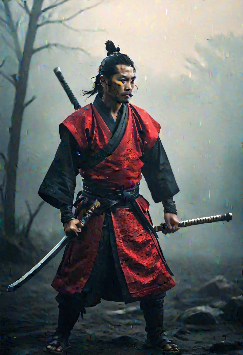 Feudal samurai holding a katana, holy armor, in fighting stance coming Out of the Fog wearing Red detailed samurai Armor, atmospheric haze, Film grain, cinematic film still, shallow depth of field, highly detailed, high budget, cinemascope, moody, epic, gorgeous, 2000s vintage RAW photo, photorealistic, candid camera, color graded cinematic, eye catchlights, atmospheric lighting, skin pores, imperfections, natural, shallow dof, deep blacks, high monochrome contrast
