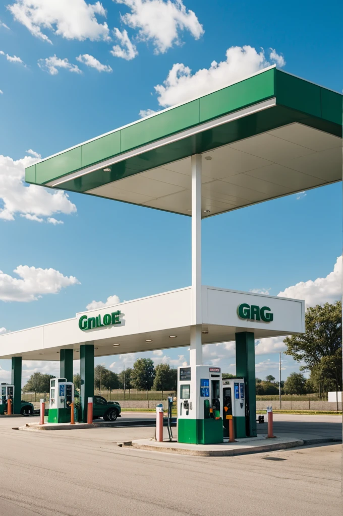 A white and green gas station 