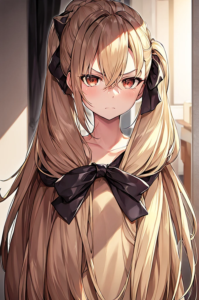 Masterpiece, best quality, girl noir style, beige skin, hairy skin, beige hair on the skin, brown eyes, long beige hair combed, hair up, white dress, black bow, determined look, look forward, serious, hairy skin . hairy face, noir style, hair up.