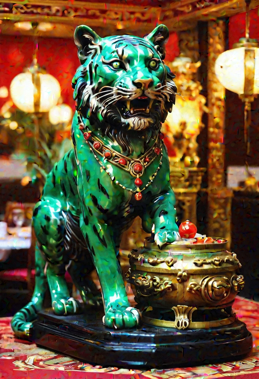 A stunning jade Chinese figurine sculpture of a Tiger in an ornate Chinese buffet restaurant