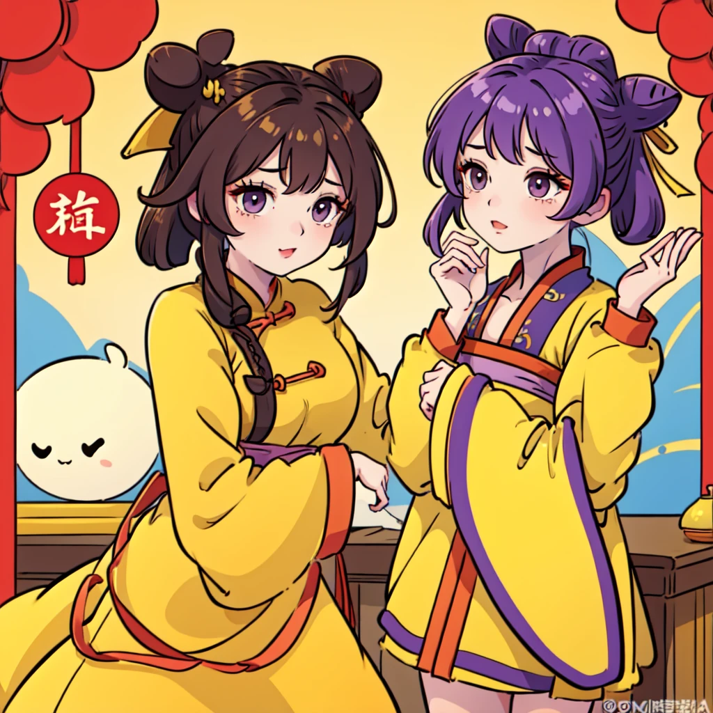 ((Best Quality, ancient china, 1 girl)) brown fur ((bun hairstyle)) , purple eyes, yellow tunic ((completely yellow))
