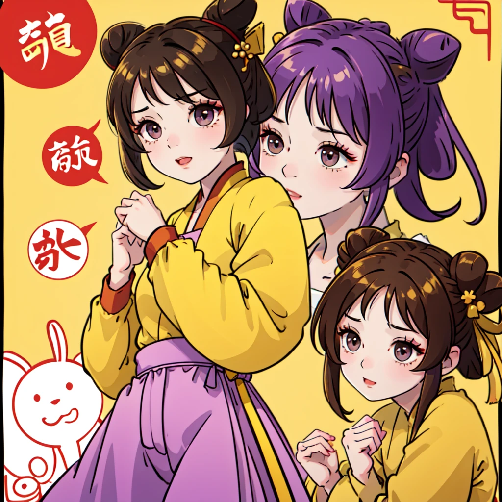 ((Best Quality, ancient china, 1 girl)) brown fur ((bun hairstyle)) , purple eyes, yellow tunic ((completely yellow))
