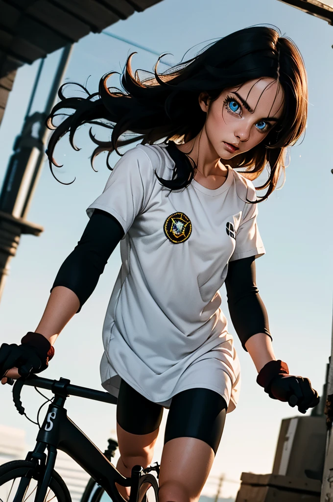 (masterpiece, Best Quality), 1 girl,     he saw, 1 girl, Alone, blue eyes, black fur, two tails, by the wide,White shirt, White dress, short sleeves, black gloves, Gloves without fingers, black shorts, bike shorts,