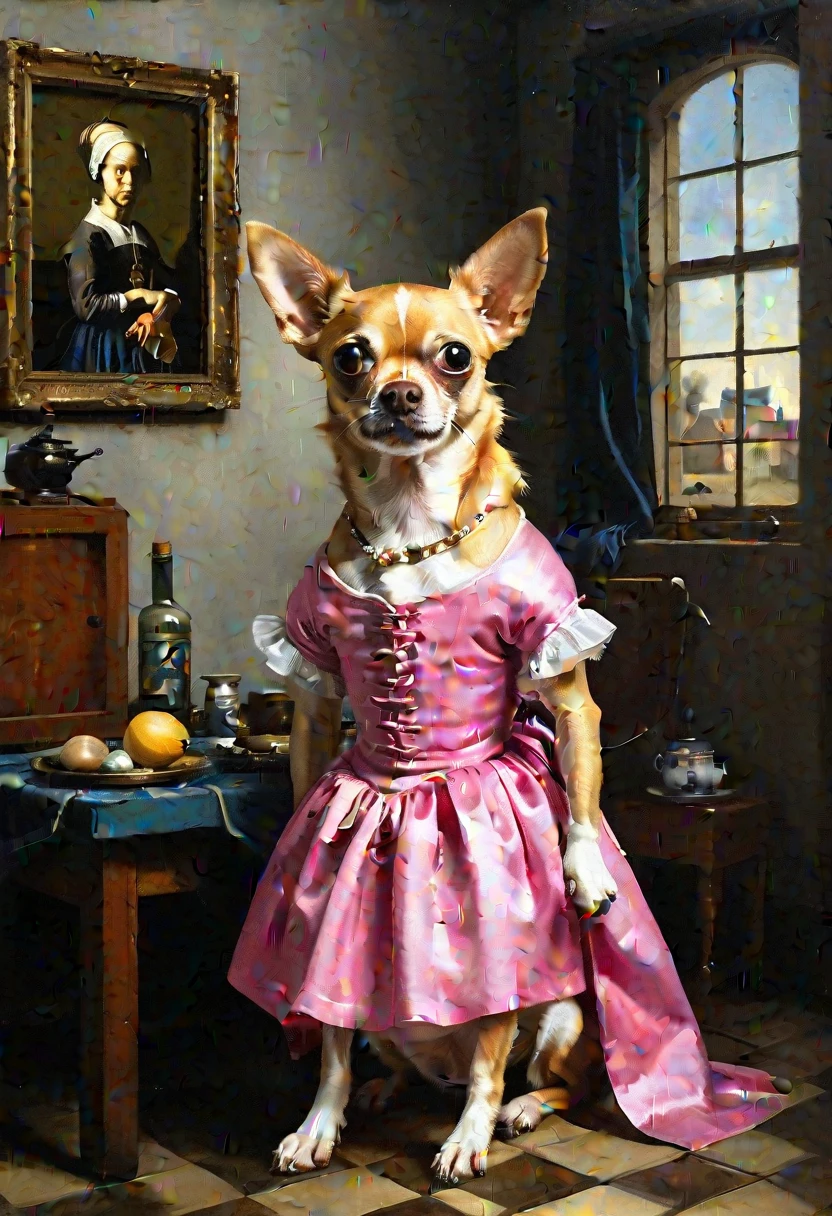 Painting of a bug-eyed nervous chihuahua wearing a pink tutu in a modest kitchen inspired by Girl With The Pearl Earring. Girl with a Pearl Earring (Dutch: Meisje met de parel) is an oil painting by Dutch Golden Age painter Johannes Vermeer, dated c. 1665. Going by various names over the centuries, it became known by its present title towards the end of the 20th century after the earring worn by the girl portrayed there. The work has been in the collection of the Mauritshuis in The Hague since 1902 and has been the subject of various literary and cinematic treatments. (Photography, Ultrarealistic, 3D Illustration, Exquisite Detail)