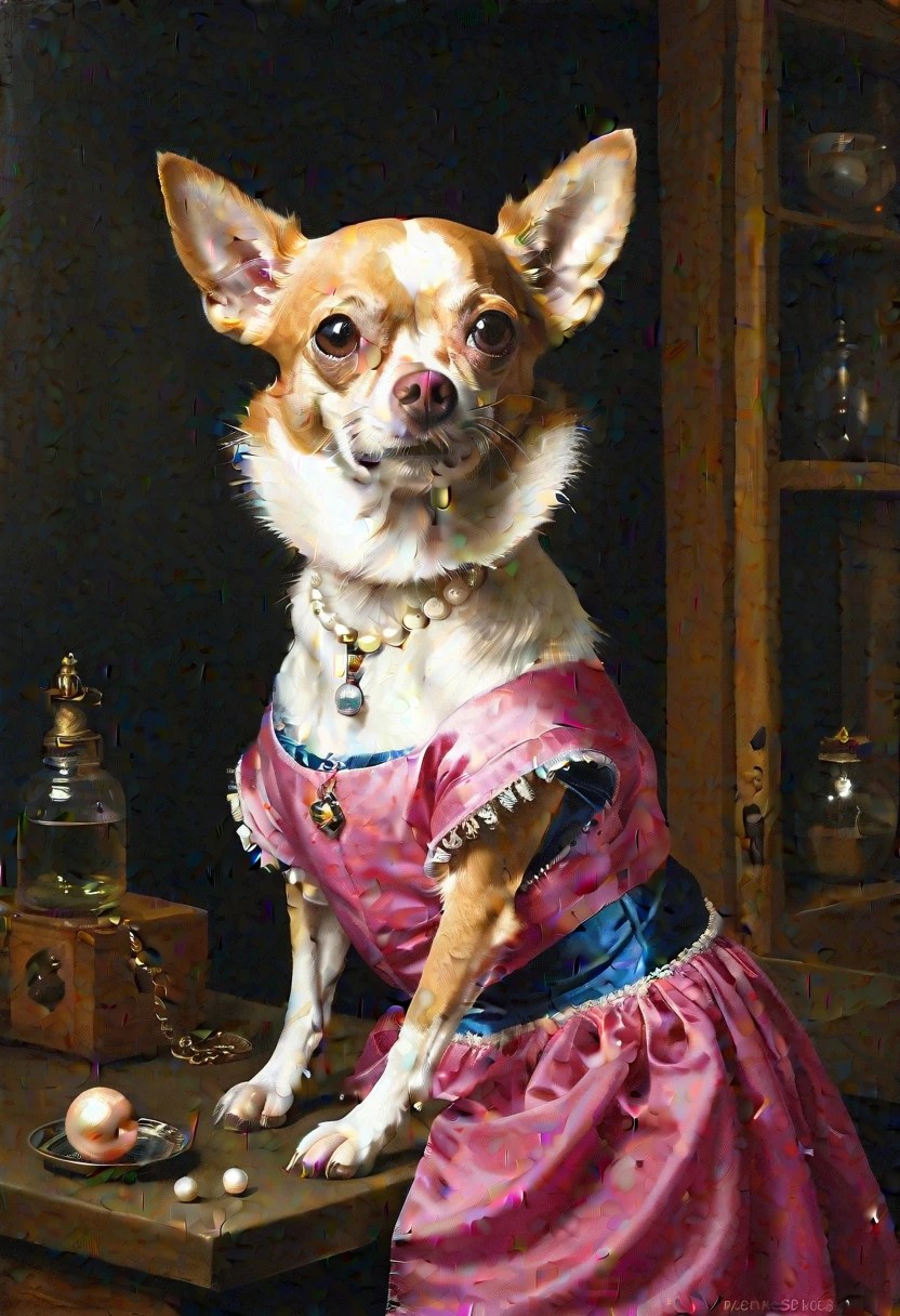 Painting of a bug-eyed nervous chihuahua wearing a pink tutu in a modest kitchen inspired by Girl With The Pearl Earring. Girl with a Pearl Earring (Dutch: Meisje met de parel) is an oil painting by Dutch Golden Age painter Johannes Vermeer, dated c. 1665. Going by various names over the centuries, it became known by its present title towards the end of the 20th century after the earring worn by the girl portrayed there. The work has been in the collection of the Mauritshuis in The Hague since 1902 and has been the subject of various literary and cinematic treatments. (Photography, Ultrarealistic, 3D Illustration, Exquisite Detail)