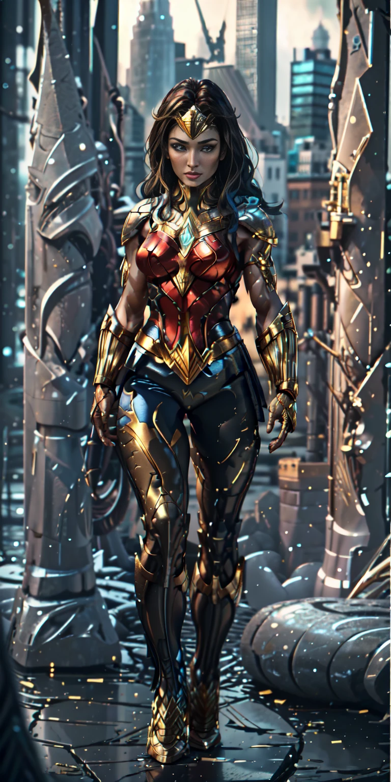 (((full body photo))) Wonder Woman stands imposingly in a Themyscira city.  fishnet pantyhose ultra-detailed, The day highlights your muscles and scars. The setting is lush and mysterious, with futuristic technology and surroundings. The camera details everything, a warrior woman, in front of you.
