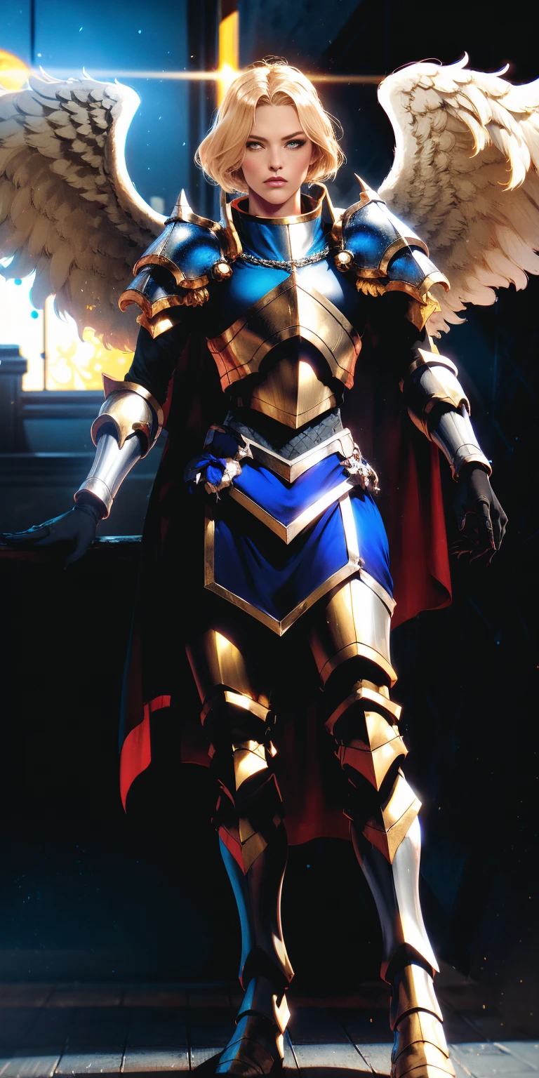 low angle, from below, paladin templar lady in white tabard, legwear, glowing yellow eyes, collar, golden chainmail, wide hips, barefoot, angel wings, pauldrons, halo, bob cut, blonde, eye focus, red cape, temple indoors, decorations, stained glass windows, night, particles, chromatic aberration, detailed, cinematic, dark scene, fantasy