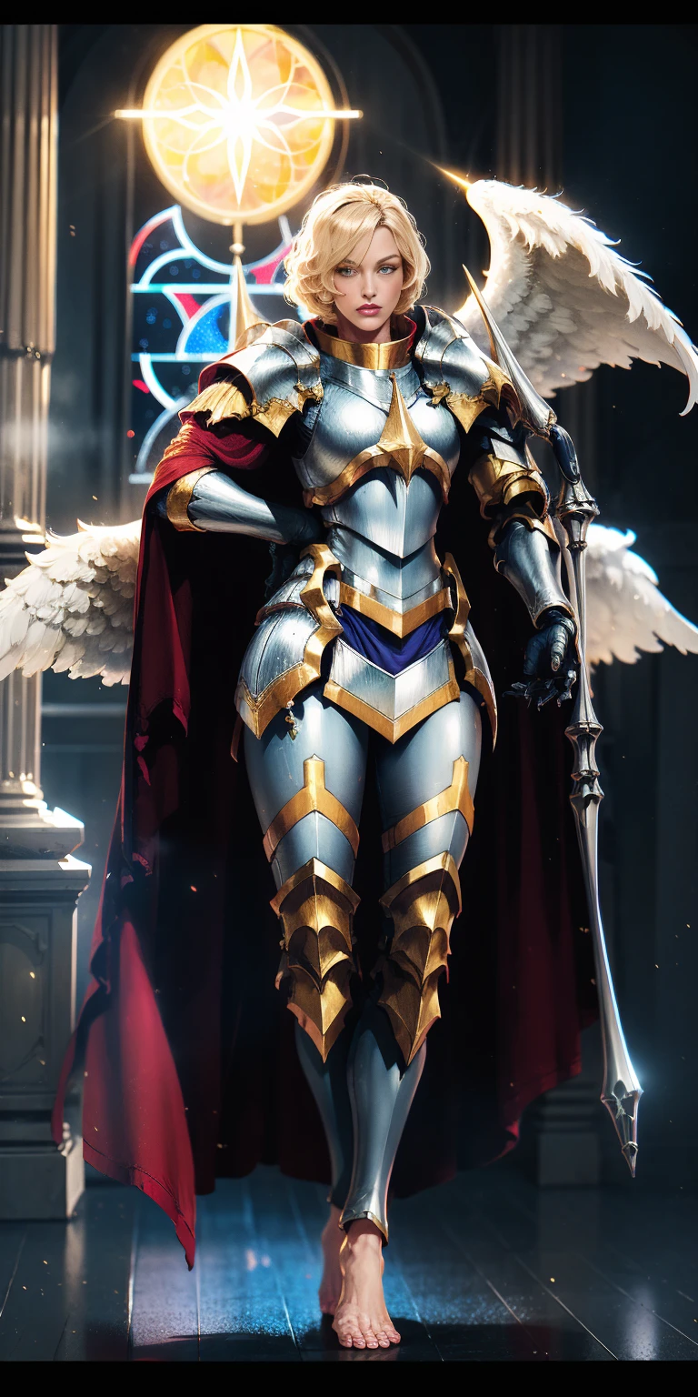 low angle, from below, paladin templar lady in white tabard, legwear, glowing yellow eyes, collar, golden chainmail, wide hips, barefoot, angel wings, pauldrons, halo, bob cut, blonde, eye focus, red cape, temple indoors, decorations, stained glass windows, night, particles, chromatic aberration, detailed, cinematic, dark scene, fantasy