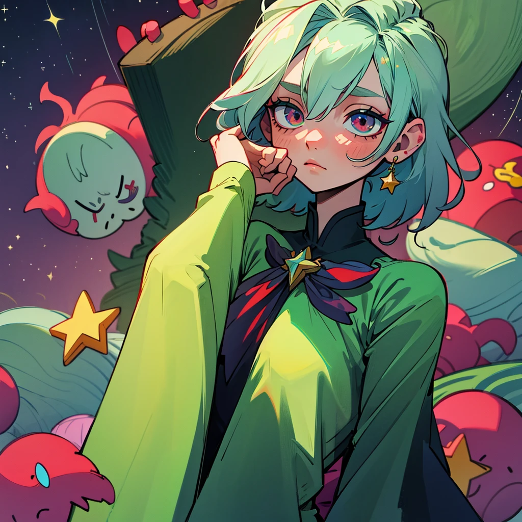 high resolution, shorth hair, Eyes red, aretes, sheen, stele, pretty, hair green, star accessories, sleepy eyes.