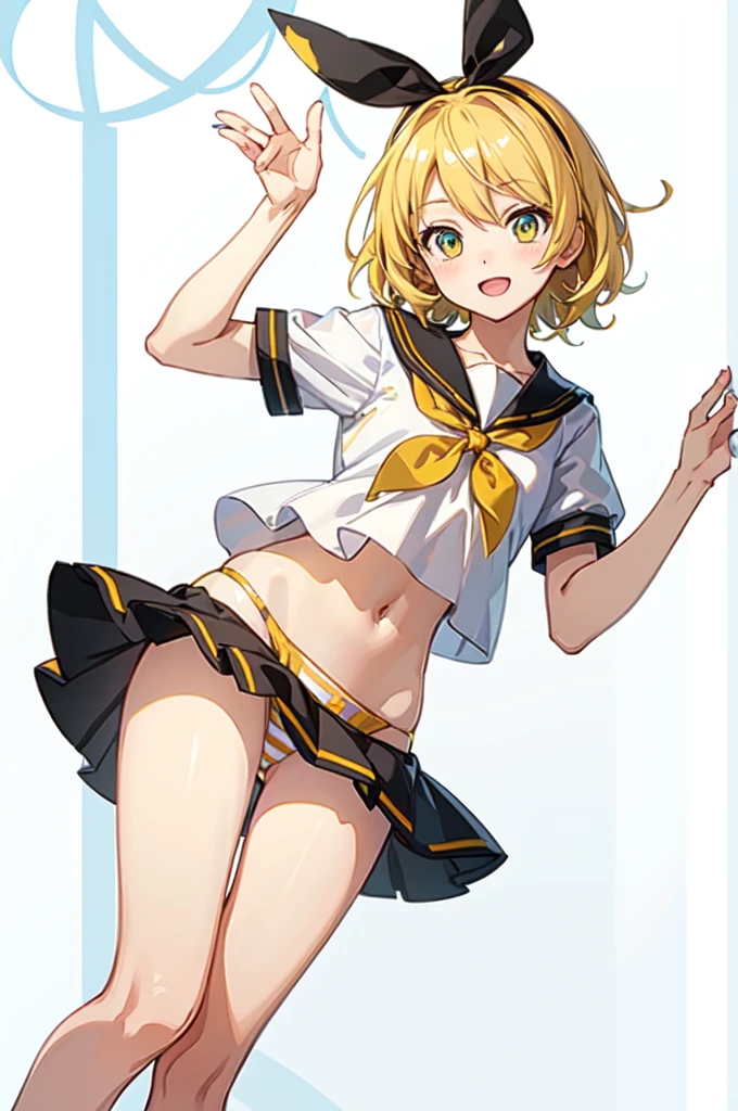 Highest quality ,masterpiece, One girl, Kagamine Rin , Hair Ribbon, bow, White shirt, Sailor collar, No shorts allowed, No pants, Without skirt, 
Fine and shiny eyes, Flat Chest, High resolution, wallpaper, 8k, Best lighting, Highly detailed illustrations
blush, Embarrassing, smile, Open your mouth 
((Realistic striped yellow panties)), Crotch seam, ((Panty shot)), 
White Background , Browsing Caution, ,
Dynamic pose, Dynamic Angle