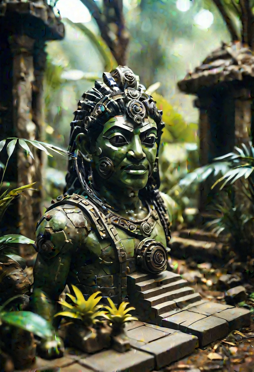 tilt-shift photo of ancient jungle ruins with a morphing mask. In an absurd situation. selective focus, miniature effect, blurred background, highly detailed, vibrant, perspective control