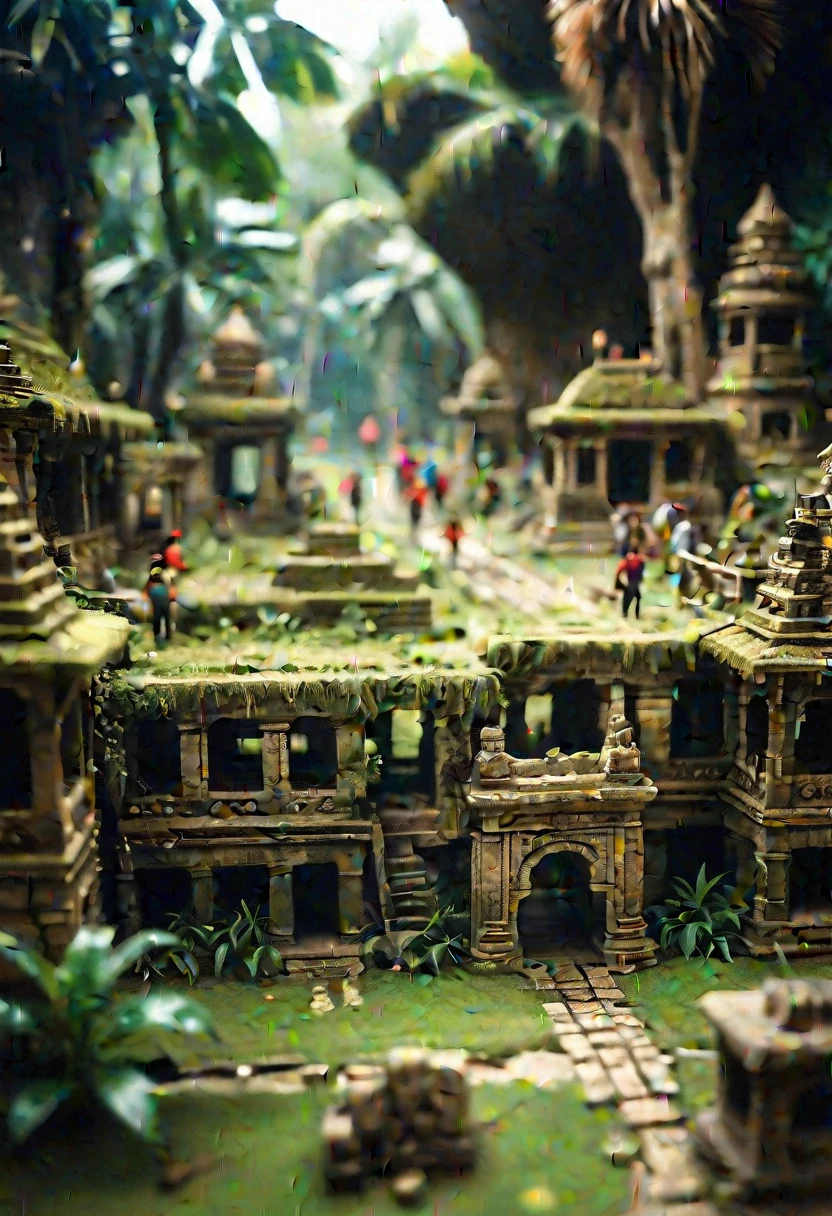 tilt-shift photo of ancient jungle ruins with a morphing mask. In an absurd situation. selective focus, miniature effect, blurred background, highly detailed, vibrant, perspective control