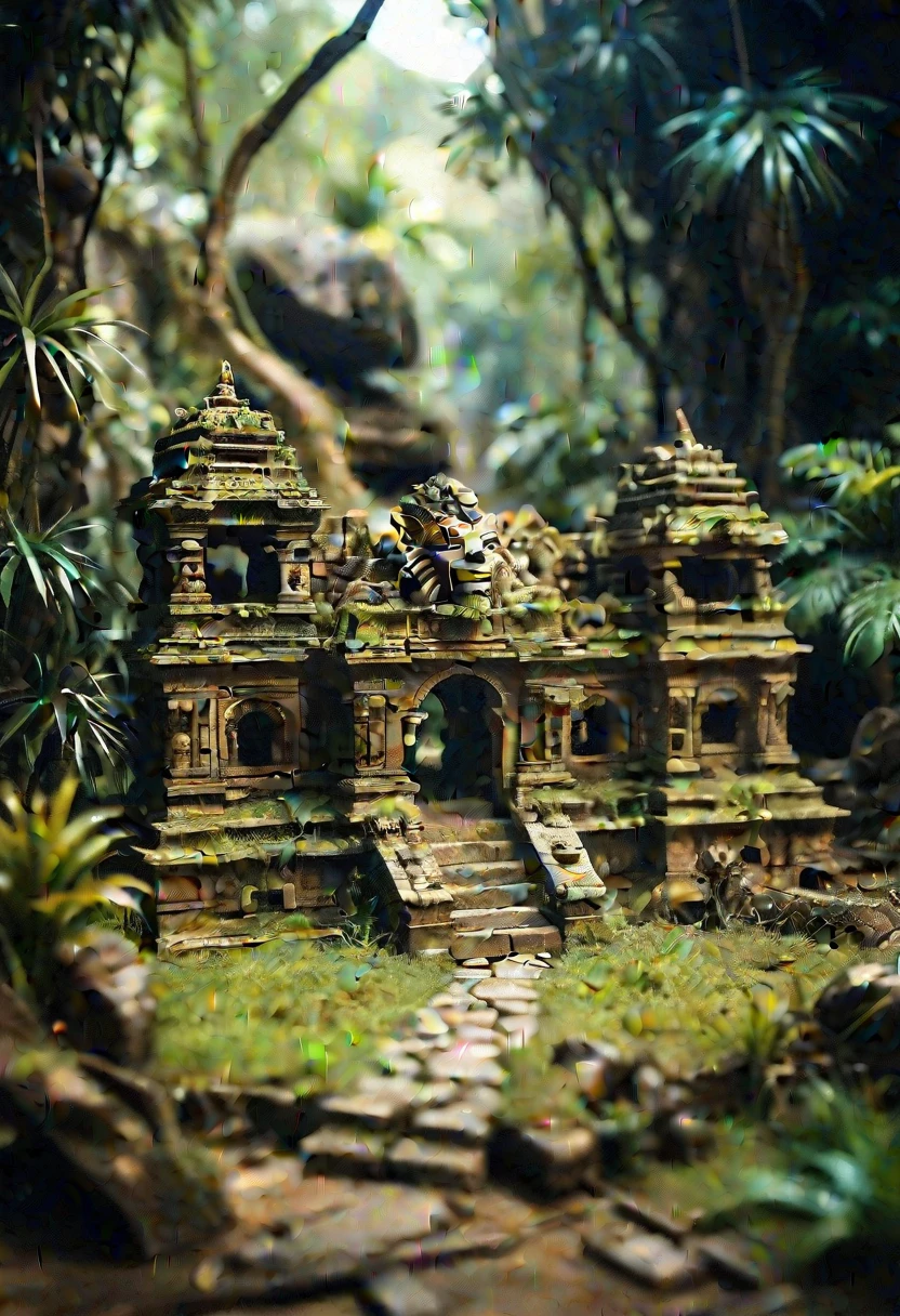 tilt-shift photo of ancient jungle ruins with a morphing mask. In an absurd situation. selective focus, miniature effect, blurred background, highly detailed, vibrant, perspective control